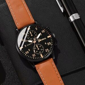 Men's Brown Leather Strap Watch Bronze Color Frame